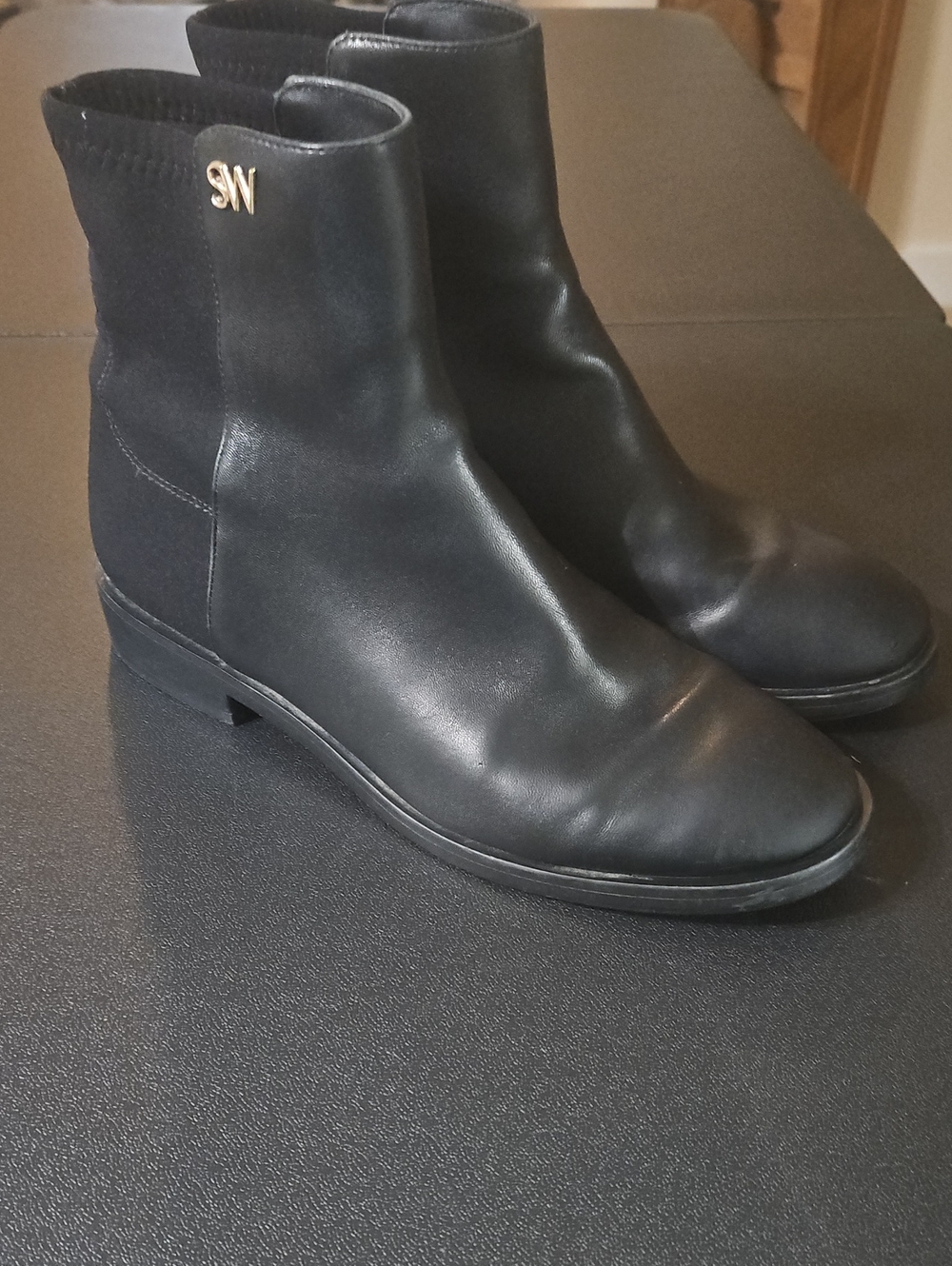 Stuart Weitzman Black Leather Boots with Gold SW Accent